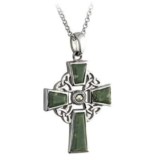 Biddy Murphy Celtic Cross Necklace for Women Sterling Silver and Connemara Marble Made in Ireland