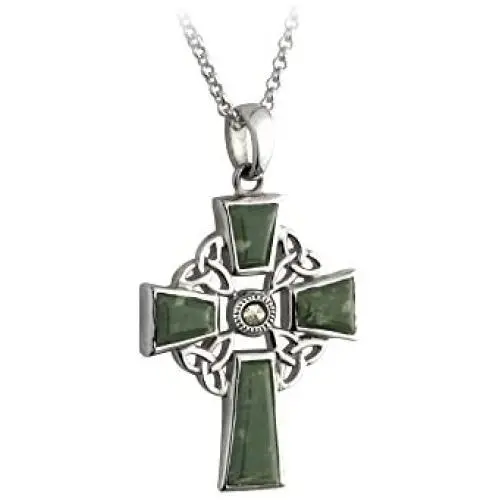 Biddy Murphy Celtic Cross Necklace for Women Sterling Silver and Connemara Marble Made in Ireland
