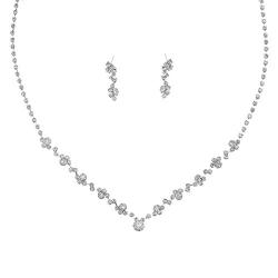 Fairyu Bride Wedding Crystal Necklace Earrings Set Silver Bridal Flower Dangle Earrings Necklaces Jewelry Party Rhinestone Pendant Necklace Drop Earrings for Women and Gilrs