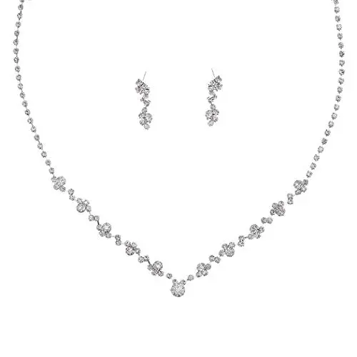 Fairyu Bride Wedding Crystal Necklace Earrings Set Silver Bridal Flower Dangle Earrings Necklaces Jewelry Party Rhinestone Pendant Necklace Drop Earrings for Women and Gilrs