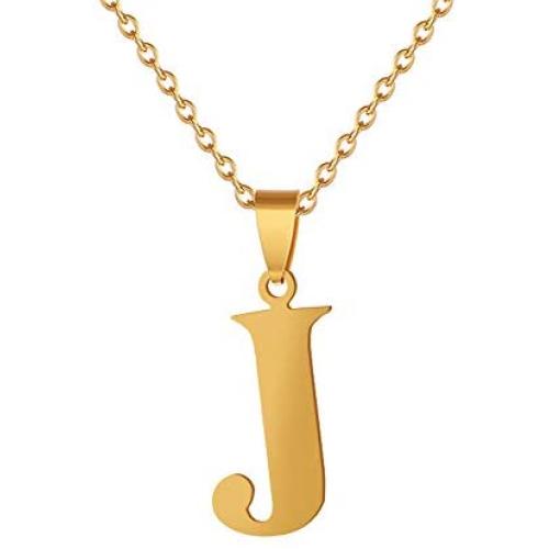 Fashion Initial Letter Pendant Necklace Stainless Steel Gold Color Mens Womens Custom Capital Letter Name Necklace Personalized Jewelry Gift(Letter J)