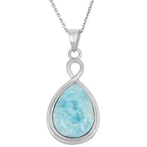Natural Larimar Sterling Silver Pendant Necklace Vintage Style with 18'' Silver Chain Necklace for Women