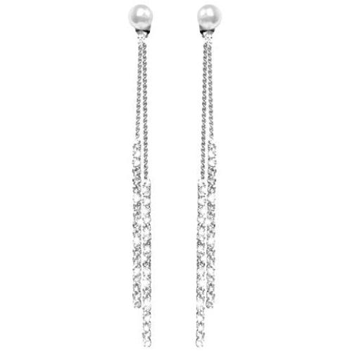 Fashion Long Tassel Crystal Pearl Two Ways Wear Cubic Zirconia Hypoallergenic & Nickel Free Stud Drop Dangle Earrings Jewelry for Girls Women, Chic Silver