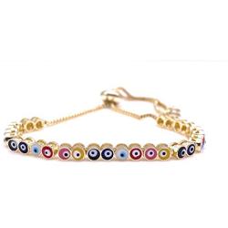 LESLIE BOULES Multicolored Strand Evil Eyes Bracelet 18K Gold Plated Adjustable Chain Protection Jewelry