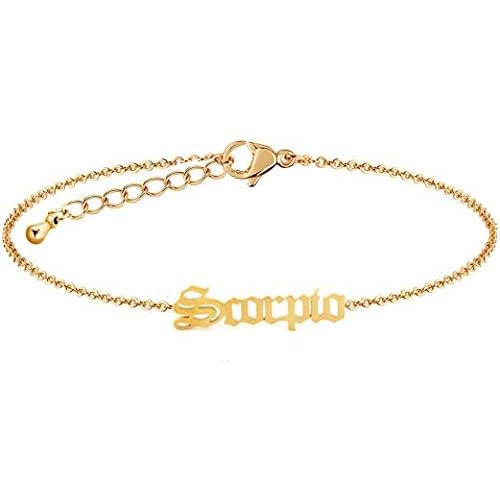 HUTINICE Gothic Old English Scorpio Leo Zodiac Bracelet for Women, 18K Gold Chain Horoscope Constilation Letter Bracelet Baby Girl Jewelry