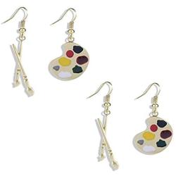 2 Pairs Unique Charm Chic Artist Matte Gold Plated Colorful Palette Paint Brush Asymmetric Dangle Drop Earrings Personality Creative Lightweight Painter Jewelry for Women Girls Art Teacher Gifts