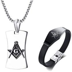 XUANPAI Stainless Steel Masonic Freemason Braided Bracelets Bangle with Dog Tag Pendant Necklace for Men