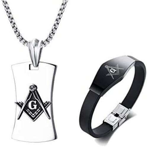 XUANPAI Stainless Steel Masonic Freemason Braided Bracelets Bangle with Dog Tag Pendant Necklace for Men