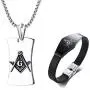 XUANPAI Stainless Steel Masonic Freemason Braided Bracelets Bangle with Dog Tag Pendant Necklace for Men