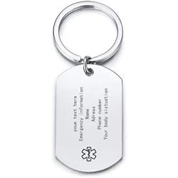 MPRAINBOW Customize Free Engraving Medical Alert Key Chain for Men Boy Diabetes Emergency Key Chain