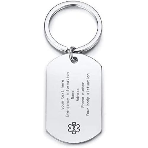 MPRAINBOW Customize Free Engraving Medical Alert Key Chain for Men Boy Diabetes Emergency Key Chain