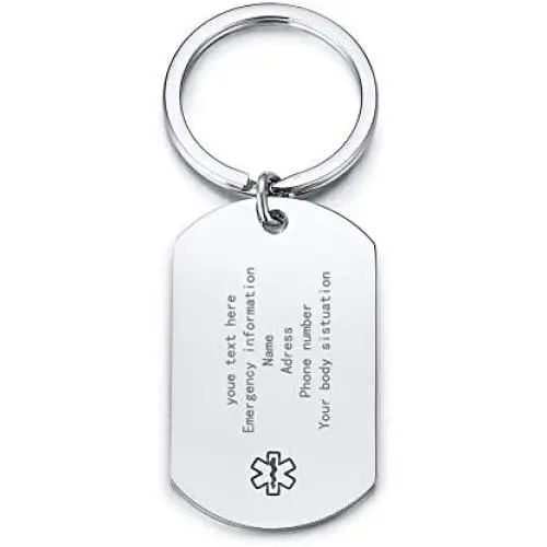 MPRAINBOW Customize Free Engraving Medical Alert Key Chain for Men Boy Diabetes Emergency Key Chain