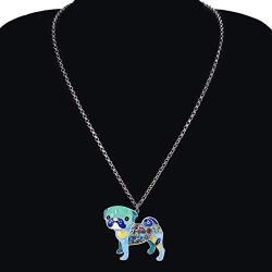 DOWAY Pug Dog Necklace Chain Cute Pet Pendant for Women Girls Jewelry Gift with Floral Enamel