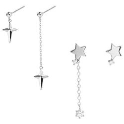 2 Pcs Asymmetric Cross & Star Drop Earring for Women Men White Gold Plated Chain Long Earring Geometry Punk Silver Cross Chain Dropping Earrings Jewelry Set