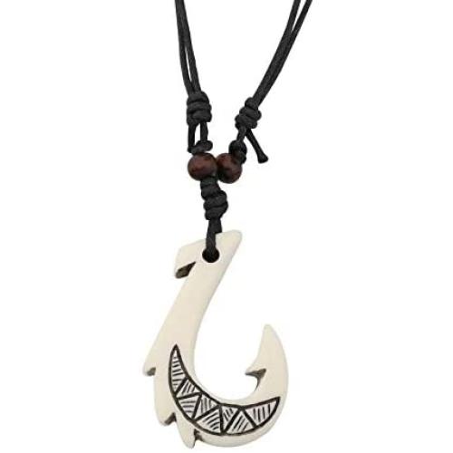 KEYCHIN Maori Fishhook Bone Pendant Jewellery Hawaiian Hand Carved Bone Fish Hook Necklace New Zealand Ethnic Tribal Style Gift for Men