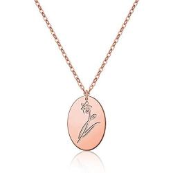 MONOOC Birth Flower Necklace, 14K Rose Gold Plated Oval Birth Month Floral Necklace Minimalist Dainty Birthflower Charm Necklace Jewelry Personalized Birthday Bridesmaid Gifts for Her