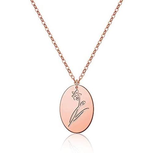 MONOOC Birth Flower Necklace, 14K Rose Gold Plated Oval Birth Month Floral Necklace Minimalist Dainty Birthflower Charm Necklace Jewelry Personalized Birthday Bridesmaid Gifts for Her