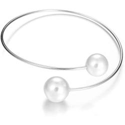 JUESJ Gold/Silver Plated Open Cuff Bracelets Simple Double Simulated Pearl Ball Beads Adjustable Bangles Women Jewelry Gift