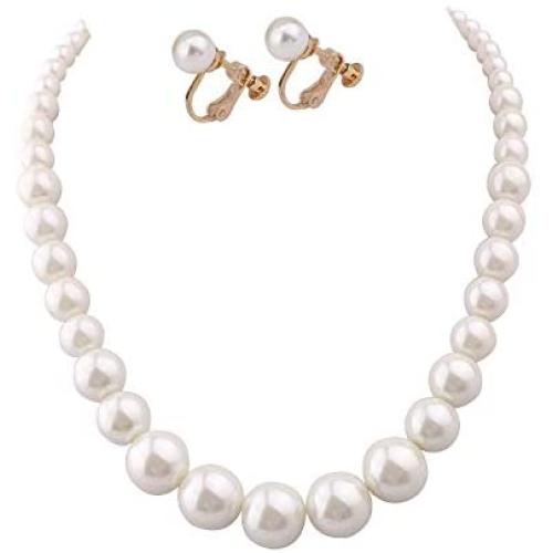 HAPPYAN Handmade Faux Pearl Necklace and Clip on Earrings Jewelry Sets for Women Bib Choker Collar Necklace