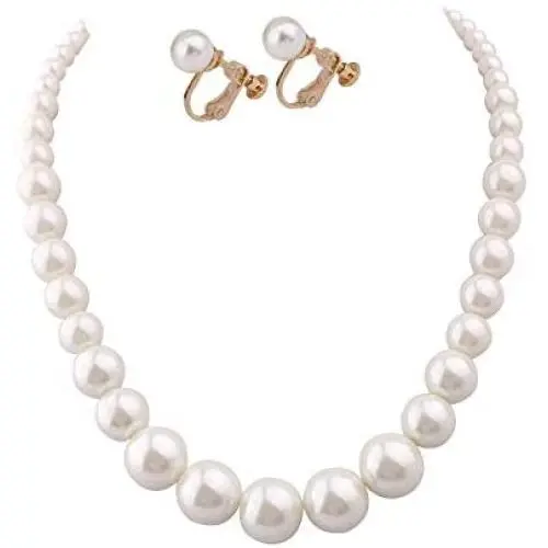 HAPPYAN Handmade Faux Pearl Necklace and Clip on Earrings Jewelry Sets for Women Bib Choker Collar Necklace