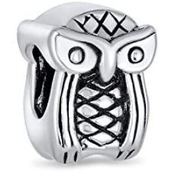 Wise Graduate Owl Bird Charm Bead For Women Student For Teen Oxidized .925 Sterling Silver Fits European Charm Bracelet
