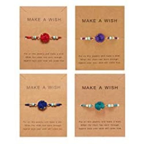 HUNO 4Pcs/Pack Handmade Druzy Wrap Friendship Braided Bracelet Adjustable Wrist Cord Beaded Bracelet for Women Girls Wish Card Jewelry
