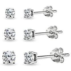 3 Pair Set Sterling Silver Cubic Zirconia Round Stud Earrings Set, 3mm 4mm 5mm