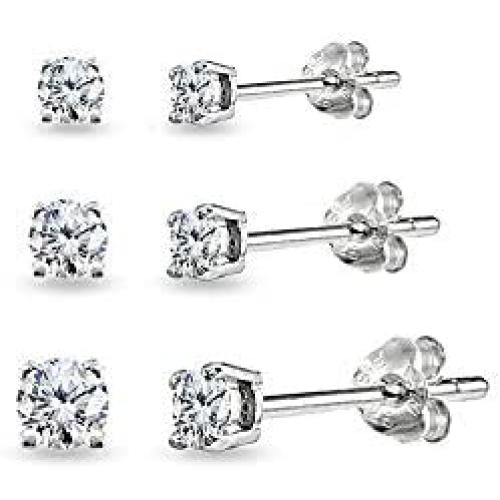 3 Pair Set Sterling Silver Cubic Zirconia Round Stud Earrings Set, 3mm 4mm 5mm