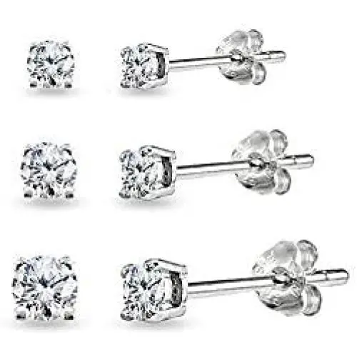 3 Pair Set Sterling Silver Cubic Zirconia Round Stud Earrings Set, 3mm 4mm 5mm 3 Pair Set Sterling Silver Cubic Zirconia Round Stud Earrings Set, 3mm 4mm 5mm