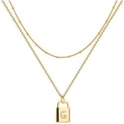 A-Z Initial Letters Pendant Lock Necklace Yellow 18K Gold Plated Alphabet Name Necklace Personalized Dainty Charms Double Multilayer Necklace Bead Chain Choker Necklace Jewelry Gift for Women or Girls