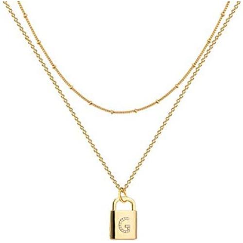 A-Z Initial Letters Pendant Lock Necklace Yellow 18K Gold Plated Alphabet Name Necklace Personalized Dainty Charms Double Multilayer Necklace Bead Chain Choker Necklace Jewelry Gift for Women or Girls
