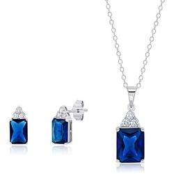 Sterling Silver Simulated Blue and White Sapphire Emerald Cut Pendant Necklace and Stud Earring Jewelry Set