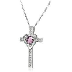 Sterling Silver Genuine or Synthetic Gemstone Heart in Cross Necklace for Women Girls