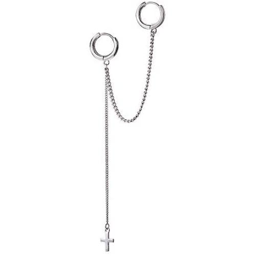 Cross Chain Drop Danlge Small Double Hoop Earrings for Women Girls Sterling Silver Huggie Tassel Slave Chain Dangling 2 Hole Pair Post Multiple Piercing Studs Cartilage Men Personalized Jewelry