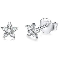 Silver Stud Earrings for Women, 3 Pairs Tiny Round Cubic Zirconia Stud Earrings | Small Star Helix Earrings Dainty Flower Tragus Cartilage Studs Jewelry for Girls Men Teens (Silver/Gold)