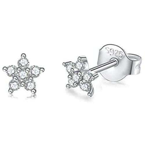 Silver Stud Earrings for Women, 3 Pairs Tiny Round Cubic Zirconia Stud Earrings | Small Star Helix Earrings Dainty Flower Tragus Cartilage Studs Jewelry for Girls Men Teens (Silver/Gold)