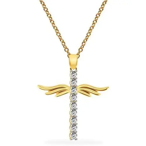 YUESUO Angel Wings Cross Necklace Electroplated Zircon Angel Wings Pendant Necklace Golden Womens Necklace