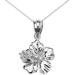 Dainty Sterling Silver CZ Caribbean Hibiscus (Malvaceae) Pendant Necklace