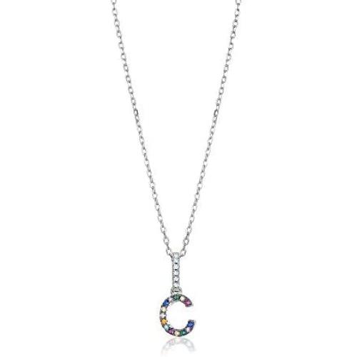 Sterling Silver Initial Letter Necklace Pendant for Girls Small Multi Color Rainbow Simulated Gemstones