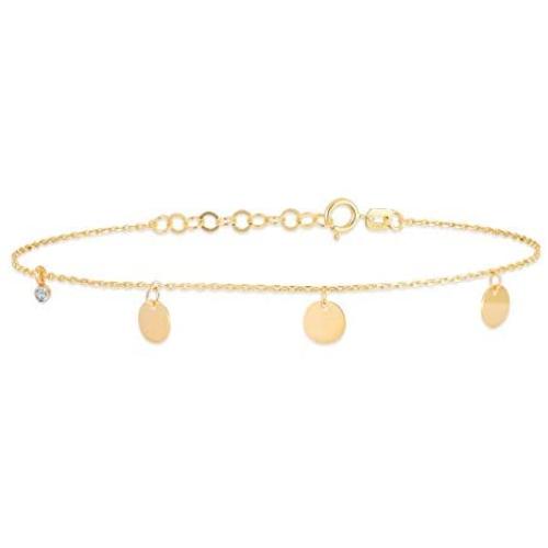 GELIN 14k Solid Gold Round Disc with Genuine Diamond Station Link Chain Bracelet - Gold Bracelet for Women