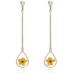 BONALUNA Pressed Flower Yellow Gold Plated Tear Dangle With Cubic Zirconia Titanium Post Back Earrings