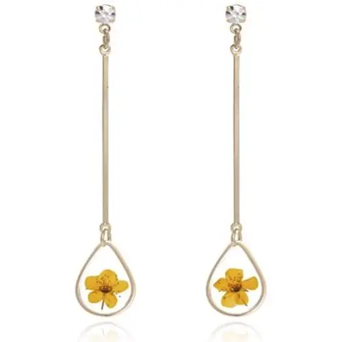 BONALUNA Pressed Flower Yellow Gold Plated Tear Dangle With Cubic Zirconia Titanium Post Back Earrings