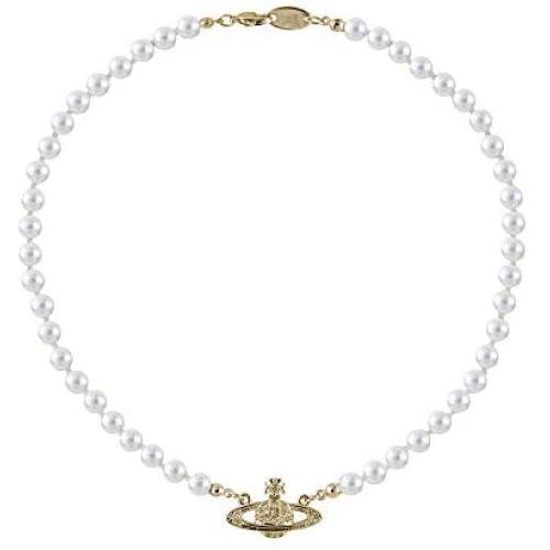 N-A Vivienne Westwood Golden Saturn Pearl Necklace Pearl Bead Necklaces Crystal Rhinestone Saturn Planet Necklace for Women and Girls