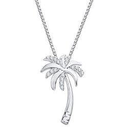 10k Gold or Sterling Silver Round Diamond Box Chain Palm Tree Pendant (1/10 cttw, J-K Color, SI2-I1 Clarity)