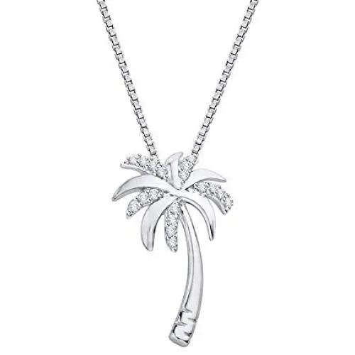 10k Gold or Sterling Silver Round Diamond Box Chain Palm Tree Pendant (1/10 cttw, J-K Color, SI2-I1 Clarity)