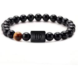 T.F.L 8mm Natural Black Onyx Stone Zodiac Charm Constellation Beads Bracelet for Men Women 7.08'', Adjustable Size