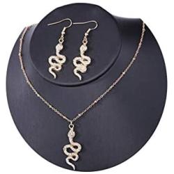 JczR.Y Punk Personalized Rhinestone Snake Dangle Hook Earrings Exaggerated Gold Silver Plated Natural Twisted Animal Snake Pendant Necklace Ear Jewelry Set