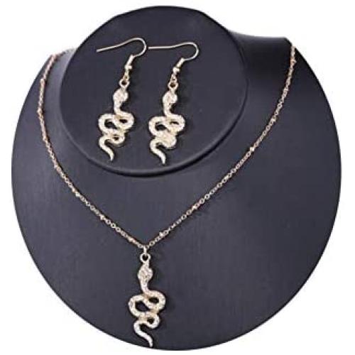 JczR.Y Punk Personalized Rhinestone Snake Dangle Hook Earrings Exaggerated Gold Silver Plated Natural Twisted Animal Snake Pendant Necklace Ear Jewelry Set