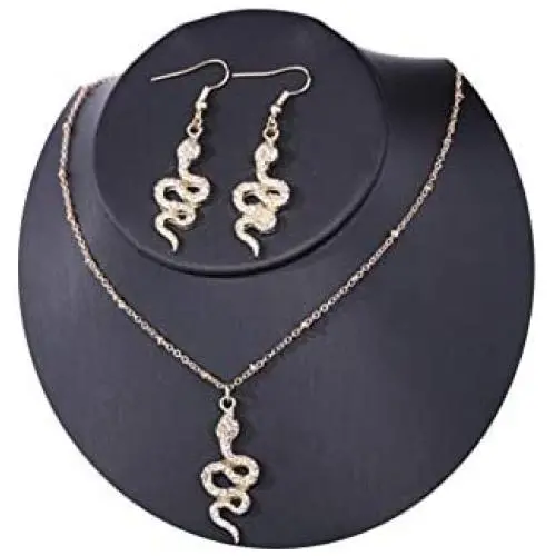JczR.Y Punk Personalized Rhinestone Snake Dangle Hook Earrings Exaggerated Gold Silver Plated Natural Twisted Animal Snake Pendant Necklace Ear Jewelry Set