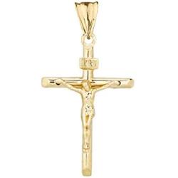 Dainty Jesus Christ INRI Crucifix Cross Pendant (0.90'') in Solid 10k Yellow Gold